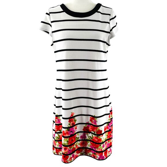 Jessica Simpson White Black Stripes Pink Floral Short Sleeve Shift Dress Plus 14 - Picture 3 of 14